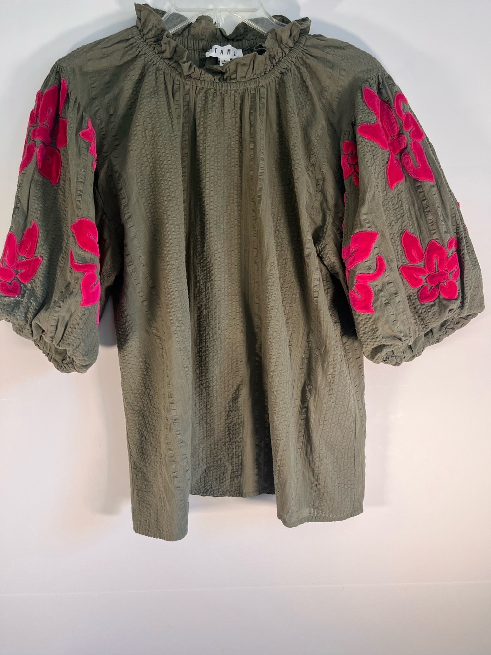 THML Olive Puff Sleeve Blouse with Pink Floral Appliqué W L Babydoll Cotton